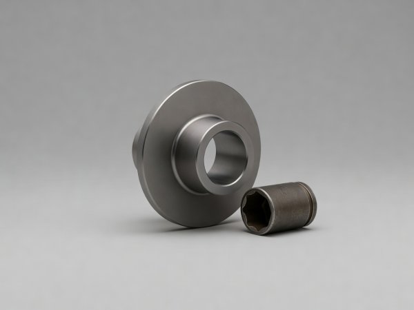 Soft-lit 3D render of a balanced wheel assembly, hub spigot ring, and torque wrench socket