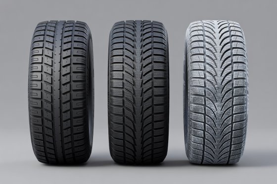Soft-lit 3D render comparing summer, all-season, and winter tyre tread block geometry and siping