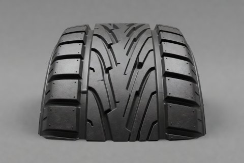 Soft-lit 3D render of an asymmetric tyre tread showing wide outer blocks and inner wet channels