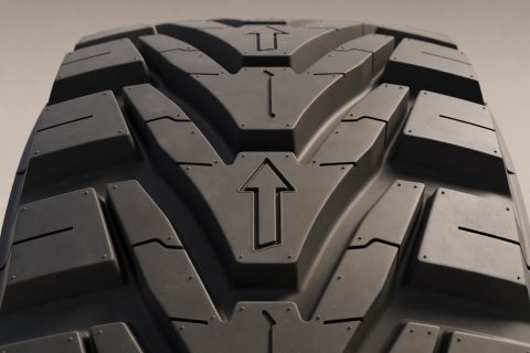 Soft-lit 3D render of a directional V-groove tyre tread pattern with rotation arrow