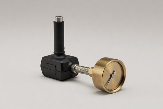 Soft-lit 3D render of a tyre valve stem, TPMS sensor module, and precision brass pressure gauge